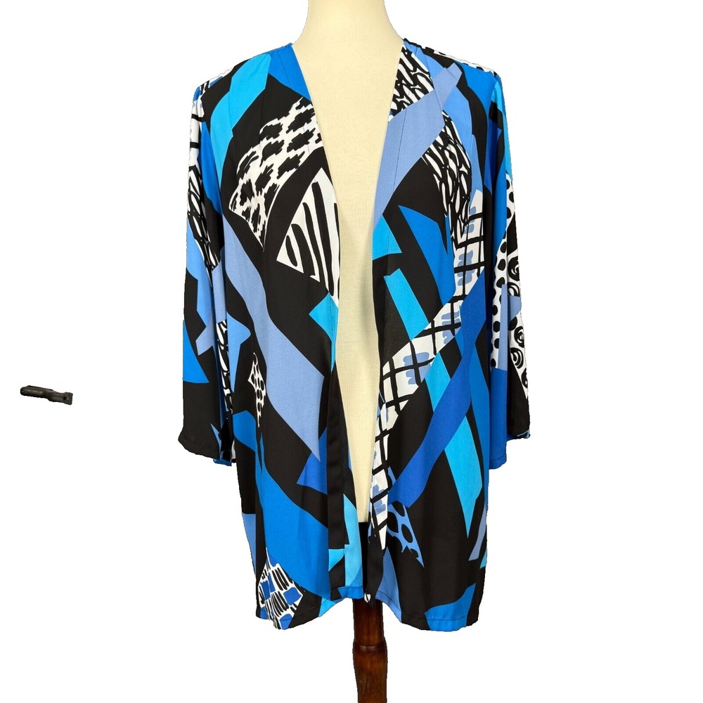 Bob Mackie Cardigan Womens Large‎ Blue Black Print Open Front Wearable Art Flowy